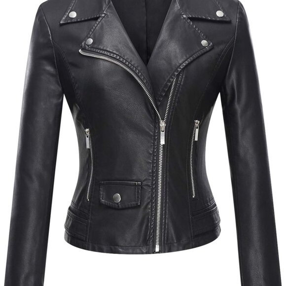 Women's Faux Leather Moto Biker Short Coat Jacket - Picture 1 of 5
